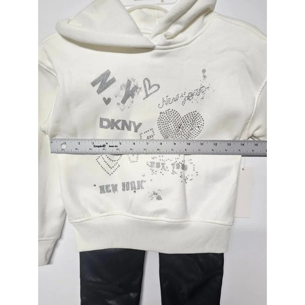 DKNY Girls Size 5 2 Pc Outfit, Sparkling Stone Like Hoodie,‎ Leather Like Pants
